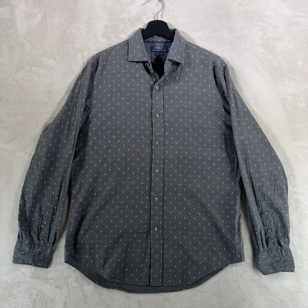 Polo Ralph Lauren Button Down Shirt Mens Medium Gray Geometric Print Cotton